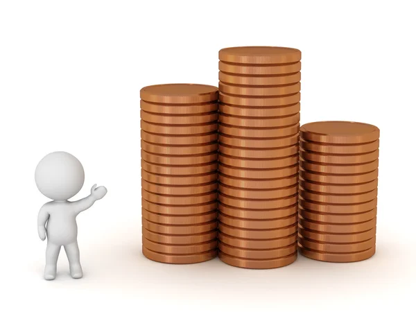 Caráter 3D mostrando pilhas de moedas de brone — Fotografia de Stock