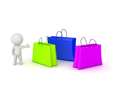 3d karakter renkli alışveriş torbaları gösterilen