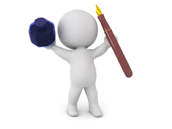 3D Character Holding Up Ink Pot and Fountain Pen — Stock Photo, Image