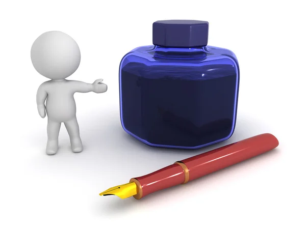 3D karaktär visar fontän penna och bläck potten — Stockfoto