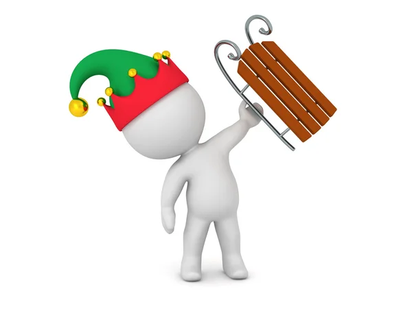 3D Character with Elf Hat Holding Up a Sled — Stock Photo, Image