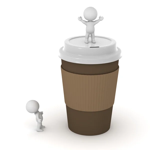 Personagens 3D e grande xícara de café — Fotografia de Stock