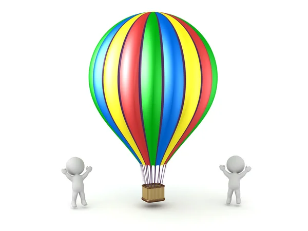 3D Characters Cheering and Colorful Hot Air Balloon — Stock Photo, Image