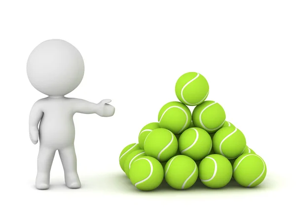 3D personaggio mostrando mucchio di palle da tennis — Foto Stock