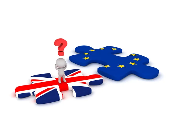 3D Character Questioning Puzzle Piece with British Flag and Euro — Stock Photo, Image