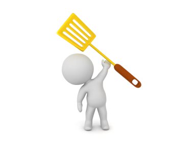 Üç boyutlu karakter altın spatulayı yükseltiyor. 3B görüntüleme beyaz üzerine izole edildi. 