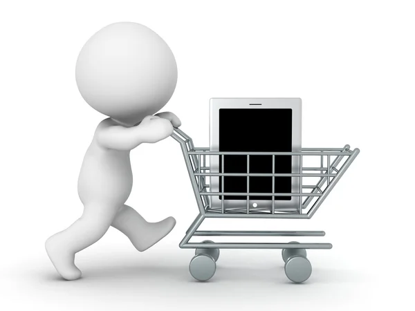 3D Character with Shopping Cart Buying One Large Tablet — Stock Photo, Image