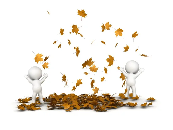 3D Characters Jumping and Many Falling Autumn Leaves — Stock Photo, Image