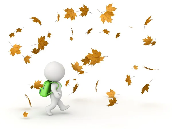 Personagem 3D com saco escolar e folhas de outono — Fotografia de Stock