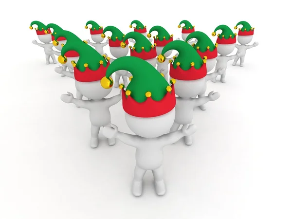De nombreux personnages 3D portant des chapeaux d'elfe de vacances d'hiver — Photo