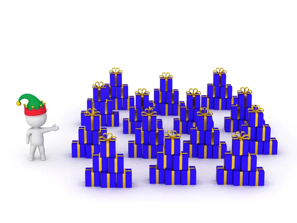 Personagem 3D mostrando muitas pilhas de presentes embrulhados — Fotografia de Stock