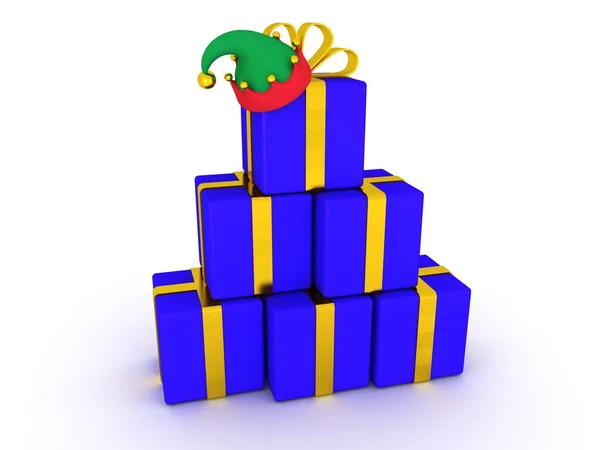 Stack of 3D Wrapped Gifts and Elf Hat — Stock Photo, Image