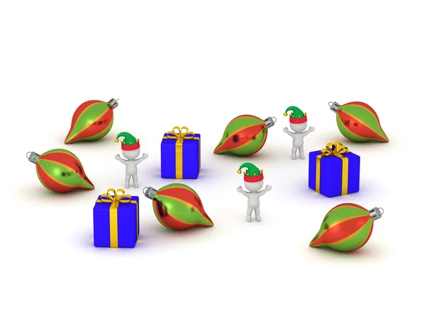 3D Charcters with Elf Hats, Gifts, and Globes — Stock Photo, Image