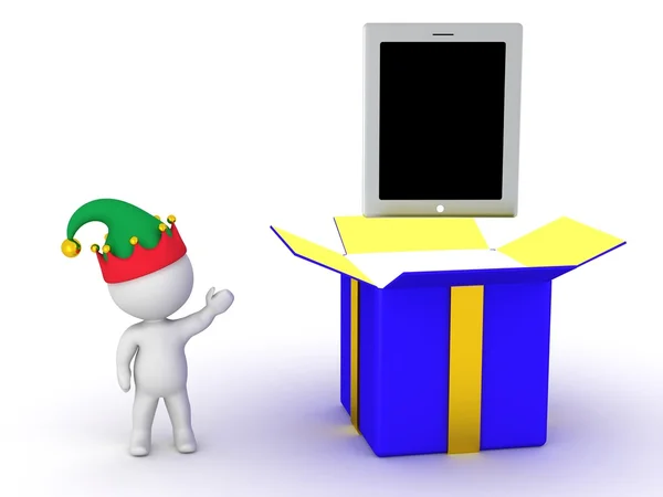 Personagem 3D mostrando caixa de presente aberta com tablet para dentro — Fotografia de Stock