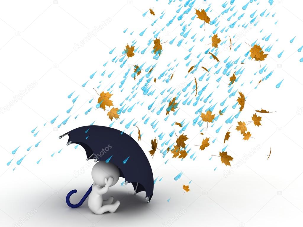 3D Character hiding under umbrella from wind and rain