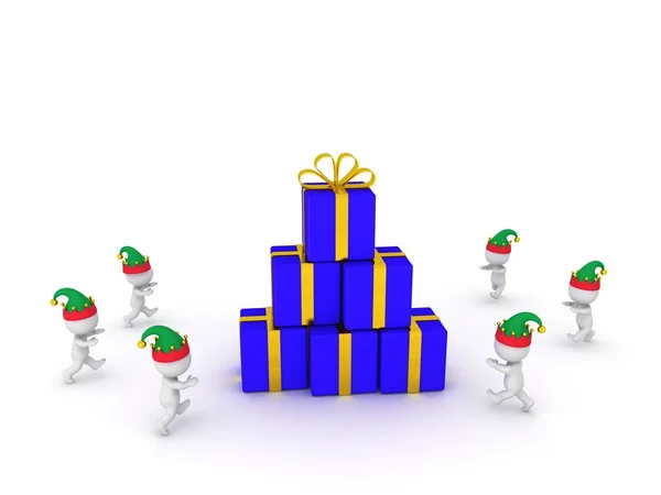 Beaucoup de personnages 3D portant des chapeaux d'elfe courant vers la pile de cadeaux enveloppés — Photo