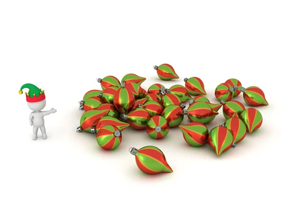 3D Character with Elf Hat Showing Pile of Colorful Globes — Stock Photo, Image