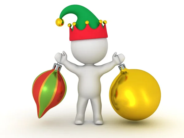 3D Character with Elf Hat Holding Two Colorful Globes — Stock Photo, Image
