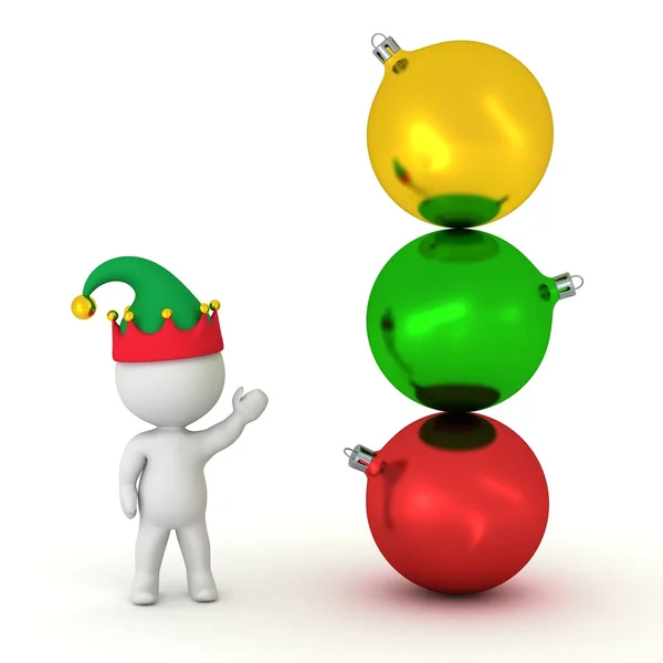 3D Character with Elf Hat Showing Stack of Globes — Stock Photo, Image