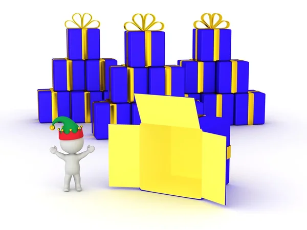3D-karaktär med Elf hatt glad och öppen presentförpackning — Stockfoto