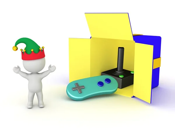 행복 한 3d 캐릭터와 비디오 게임 컨트롤러와 선물 상자 — 스톡 사진