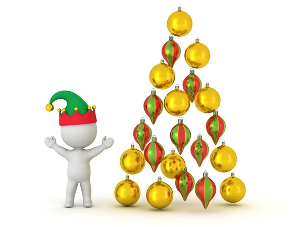 Personagem 3D com Elf Hat e Globos organizados como Árvore de Natal — Fotografia de Stock