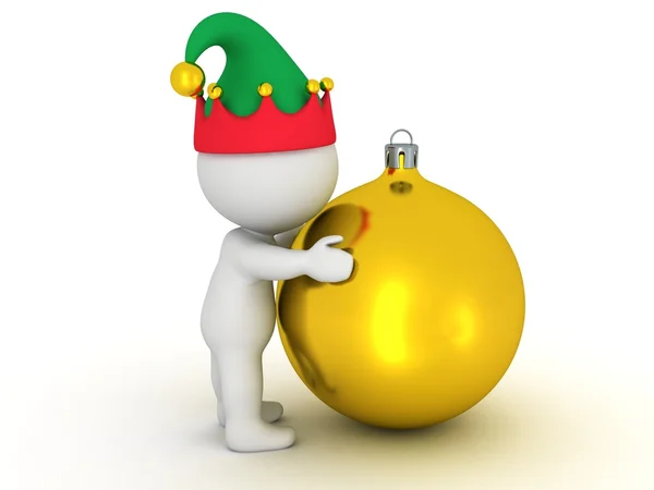 3D Character with Elf Hat Hugs Golden Globe — Stock Photo, Image