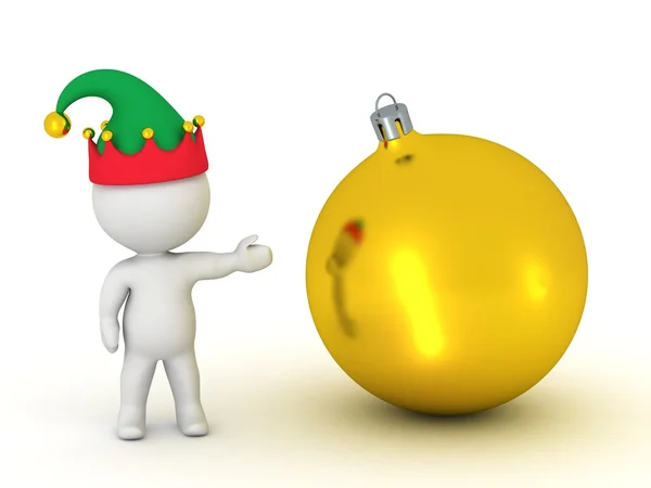 3D Character with Elf Hat Showing Golden Globe — Stock Photo, Image