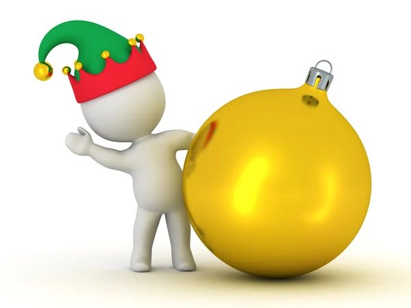 3D Character with Elf Hat Waving from behind Golden Globe — Stock Photo, Image