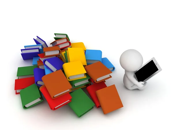 3D Character Using Tablet and Ignoring Books — Stock Photo, Image