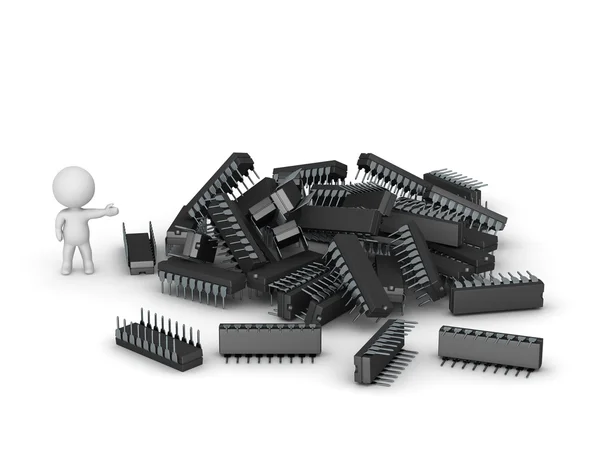 Personagem 3D mostrando pilha de microchips — Fotografia de Stock