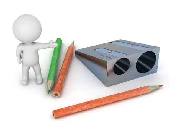 3D-karaktär visar penna och ritar sharpeneren — Stockfoto