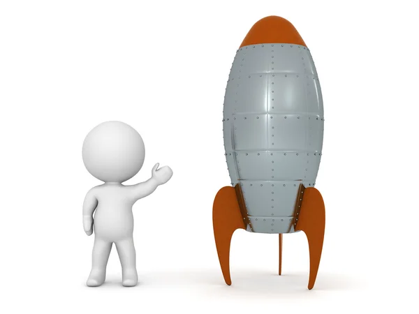 3d karakter gösteren oyuncak roket üzerinde beyaz izole, — Stok fotoğraf