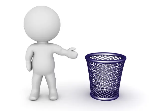 Caráter 3D mostrando cesta de lixo — Fotografia de Stock