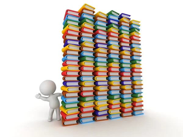 Personagem 3D acenando por trás de enormes pilhas de livros — Fotografia de Stock