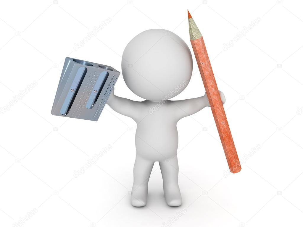 3D Character Holding Pencil and Pencil Sharpener