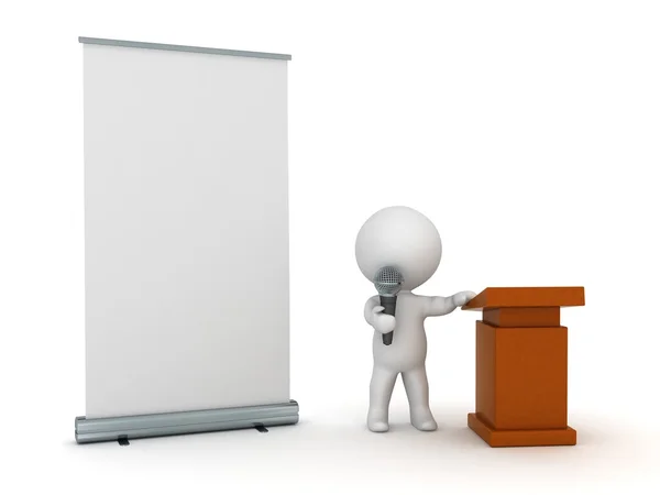 3D Character Public Speaker with Roll-Up Poster — Stock Photo, Image