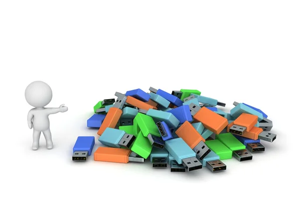 3D Character Showing Pile of USB Sticks — Stock Photo, Image
