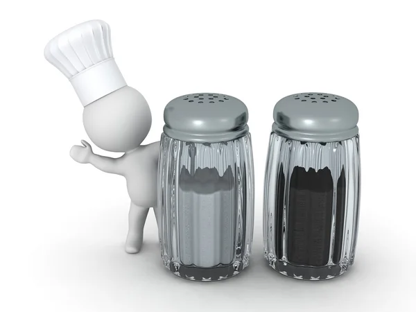 3d Charakter mit Kochmütze winkt von hinten Salz und Pfeffer — Stockfoto