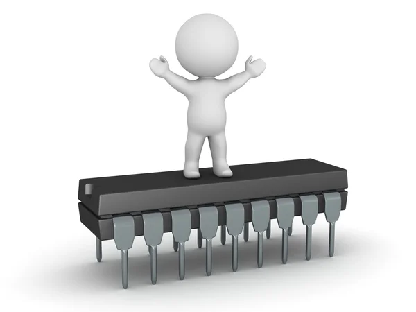 3D Character Standing with Arms Up on Microchip — Stock Photo, Image