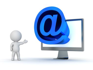 3d karakter ile 3d bilgisayar monitörü sembolünü gösterirken