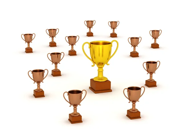 3D malé bronzové trofeje a velkou zlatou trofej — Stock fotografie