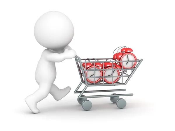 3D Character with Shopping Cart Buying Alarm Clocks — Stock Photo, Image