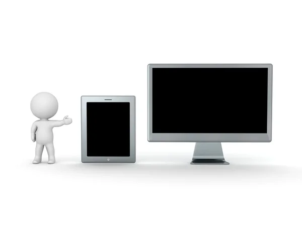 3D Character Showing Tablet and Monitor — Stock Photo, Image