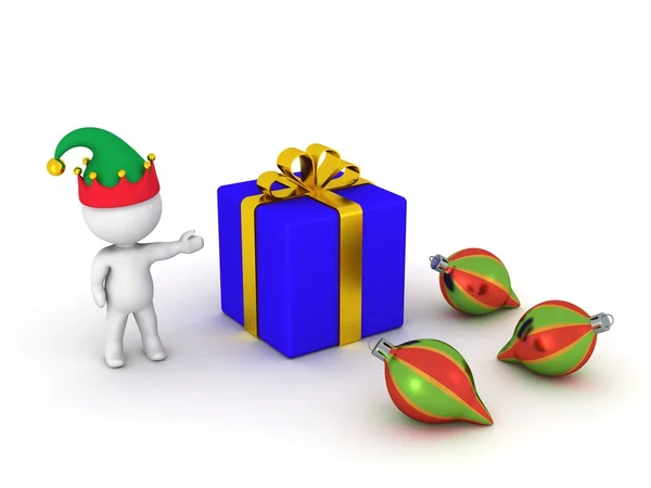 3D Man showing wrapped gift and globes — Stock Photo, Image