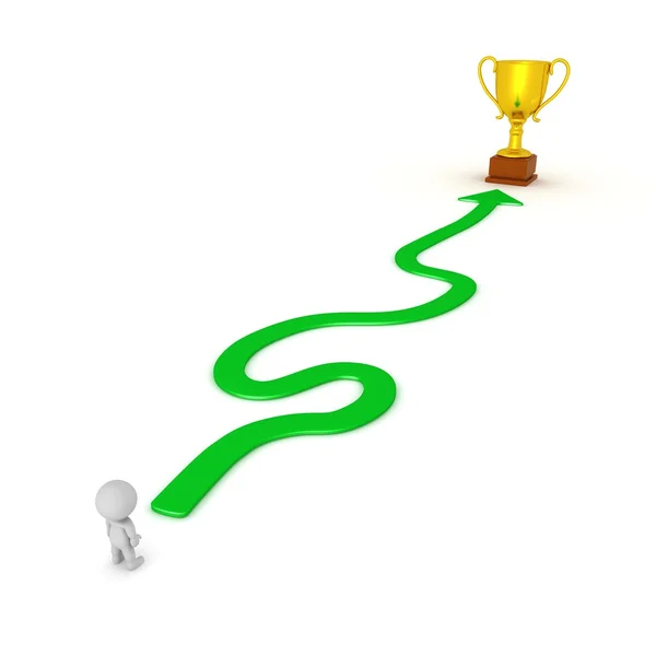 3D Character and Winding Path to Success Gold Trophy — Stock Photo, Image