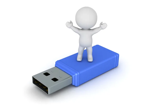 Personaje 3D de pie con los brazos hacia arriba en el palillo USB grande — Foto de Stock