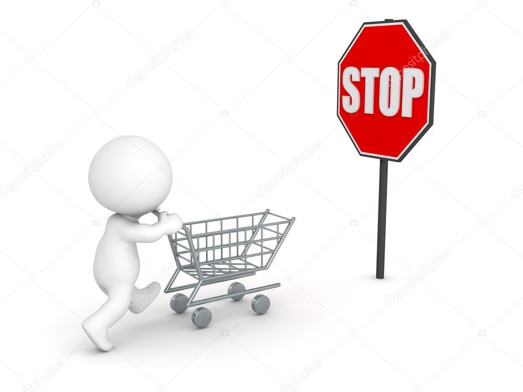 3D Character with Shopping Cart and Stop Sign - Stop Compulsive Shopping Concept