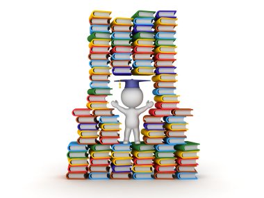 Renkli kitap yığını içinde 3D karakter