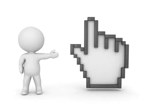 Personagem 3D mostrando grande cursor de mão — Fotografia de Stock